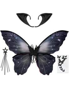 Fairy Wings Costume Set - 4 PCS Elf Ears Butterfly Wings Star Wand Fairy Makeup Halloween Costume Renfaire Outfit - 黑色 - 查看 1