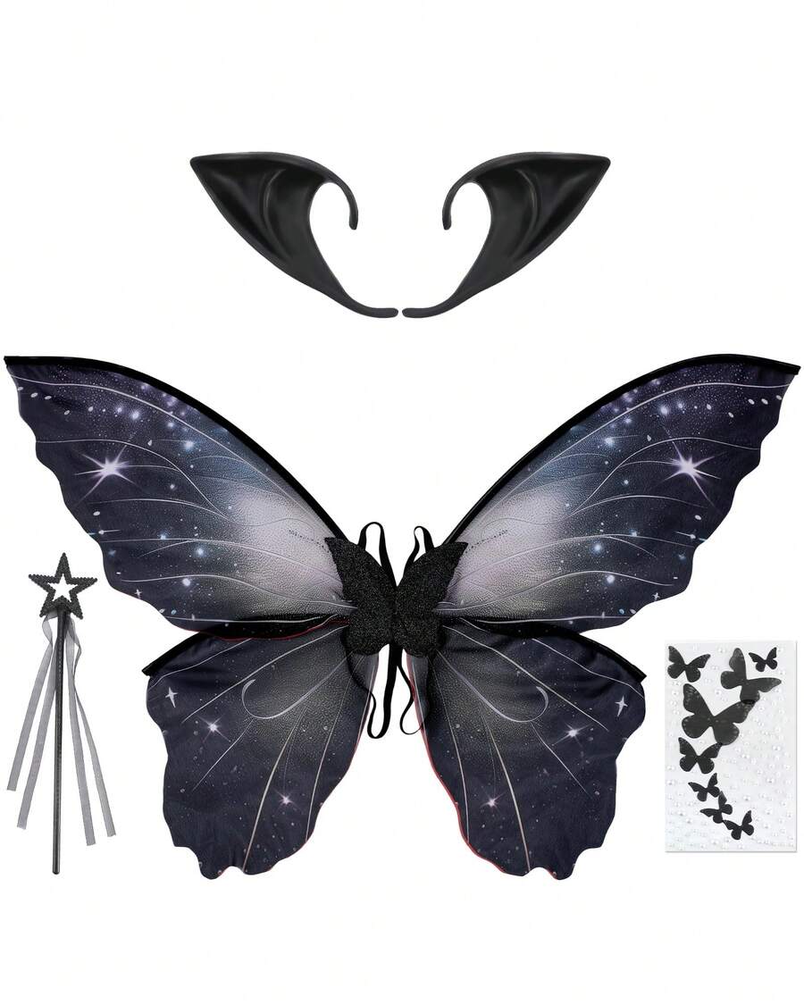 Fairy Wings Costume Set - 4 PCS Elf Ears Butterfly Wings Star Wand Fairy Makeup Halloween Costume Renfaire Outfit - 黑色 - 查看 1