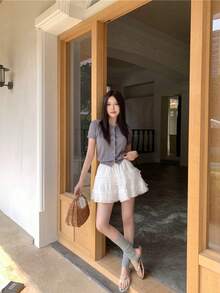 Chân váy mini dáng xòe chữ A bồng bềnh, viền ren trắng, kiểu ballet dành cho nữ, thích hợp cho mùa xuân/hè. - trắng - Xem 8