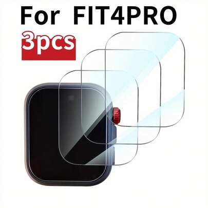 3 piezas Protector de pantalla para reloj inteligente Fit 4 Pro (Transparente), hecho de material de vidrio templado, dureza 9H, material de alta calidad, tacto suave, antiarañazos de alta definición, accesorio de reloj premium, película protectora de grado A+, regalo de moda adecuado para novio/novia