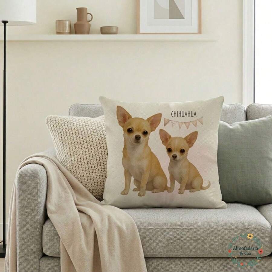 Capa de almofada pets dog Chihuahua caramelo em linho 43x43 moderna decorativa Sala quarto - Bege - Visão 1