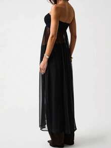 Women's Long Halter Tops Summer Fashionable Solid Color Mesh Patchwork Backless Sleeveless Vest - Negro - Ver 7