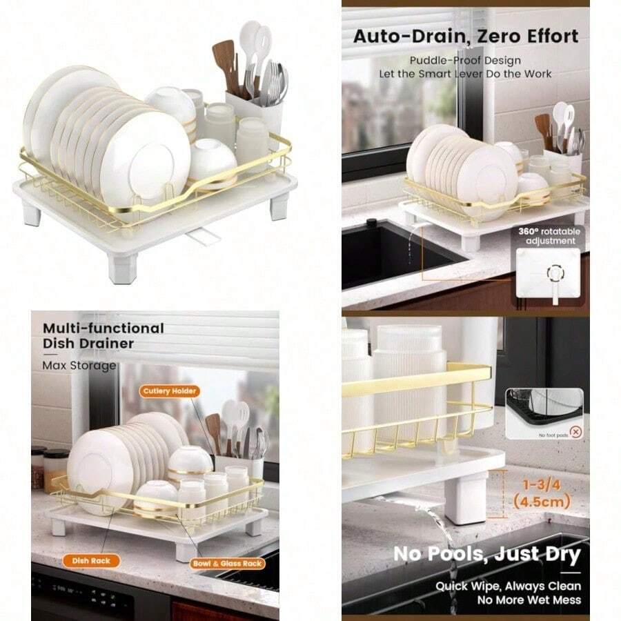 Gold Dish Drainer Rack Rust-Free Dish Racks With Cutlery Holder And Auto-Draining Base Non-Slip Feet And Easy Assembly Space-Saving Utensil Drying Rack For Kitchen Countertop Organizer - Gold - View 1