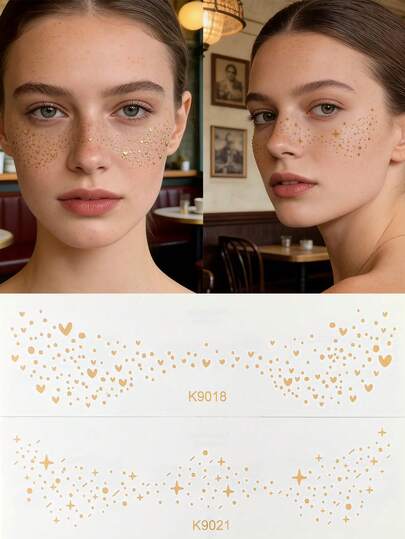 2pcs Gold Heart & Star Freckle Temporary Tattoo Stickers - Sweet Party Makeup Decoration, Suitable For Spring/Summer And Music Festival, Face Tattoo Stickers