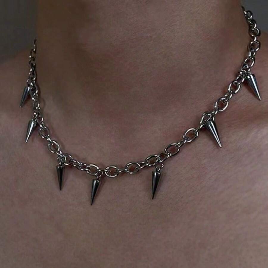1pc Men's Fashion Stainless Steel Studded Pendant Necklace, Daily Accessory - Silver - View 1