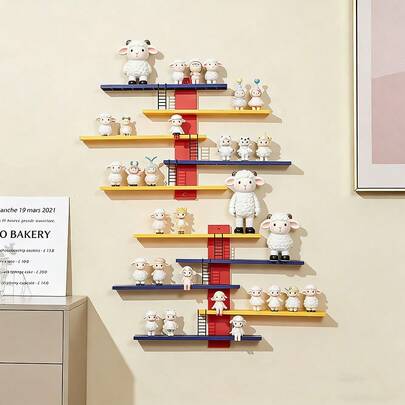 Estante flotante de pared montado para exhibir figuras de juguete, caja ciega, estantería de exhibición DIY de colores, estantería de almacenamiento tipo escalera (2 sets)