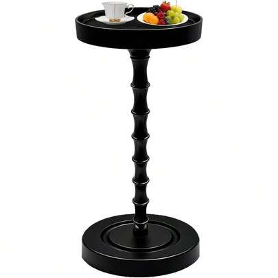 Small Side Table, Solid Wood Round Side Table, Sturdy Pedestal Martini Drink Table, Easy Assembly Accent End Table Small Spaces Living Room Bedroom Office Corners (Black Premium
