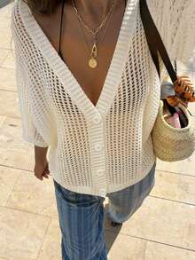 女士深V领针织开衫，七分袖，纽扣前襟，轻薄透气针织上衣。度假装扮，夏季上衣。 - 白色 - 查看 5