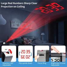 Digital Projection Alarm Clock | 3.9" LCD Screen, Temperature Display, 2-Level Volume, Snooze, USB/Battery Powered | 12/24H Format For Bedroom Office - Black - View 3
