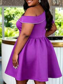 Plus Size Women's Purple Elegant A-Line Mini Dress With 3D Floral Asymmetric Neckline, Spring/Summer Cocktail Party Evening Gown - Purple - View 3