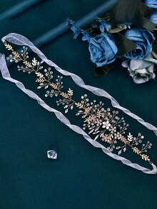 1pc Gold Leaf Handmade Crystal Bridal Sash/Belt, Suitable For Wedding Dress, Evening Gown - Gold - View 7