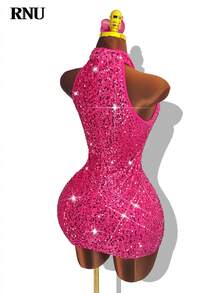 RNU 玫瑰粉色亮片丝绒露背弹力修身迷你连衣裙，适合约会、派对、夜店、街头、情人节、生日、圣诞节、万圣节、春季、夏季、秋季、冬季、婚礼宾客等场合。 - 玫紅色 - 查看 10