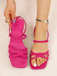 Summer New Multi-Color Square Toe Thin Strap Sandals For Women, Flat Sole Wearable Sandals And Slippers, Suede Cross Strap Roman Shoes - Rose Red - View 6
