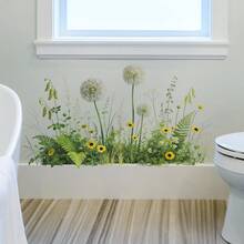 Removable Green Dandelion & Wild Flower Wall Stickers, Natural Herb Wall Decals With Daisy & Fern Plants, Suitable For Bathroom, Kitchen, Living Room Home Decor - Multicolor - View 3
