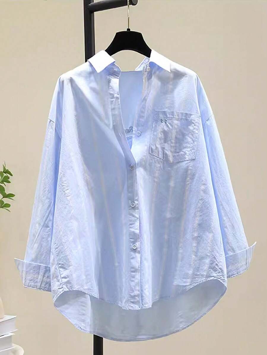小众绿色条纹女式衬衫，早春新款宽松显瘦休闲上衣，适合春、夏、秋、冬四季穿着。 - 藍色 - 查看 1
