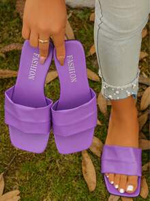 女士褶皱休闲夏季凉鞋，方头平底拖鞋，经典优雅防滑沙滩/户外拖鞋 - 紫丁香色 - 查看 10