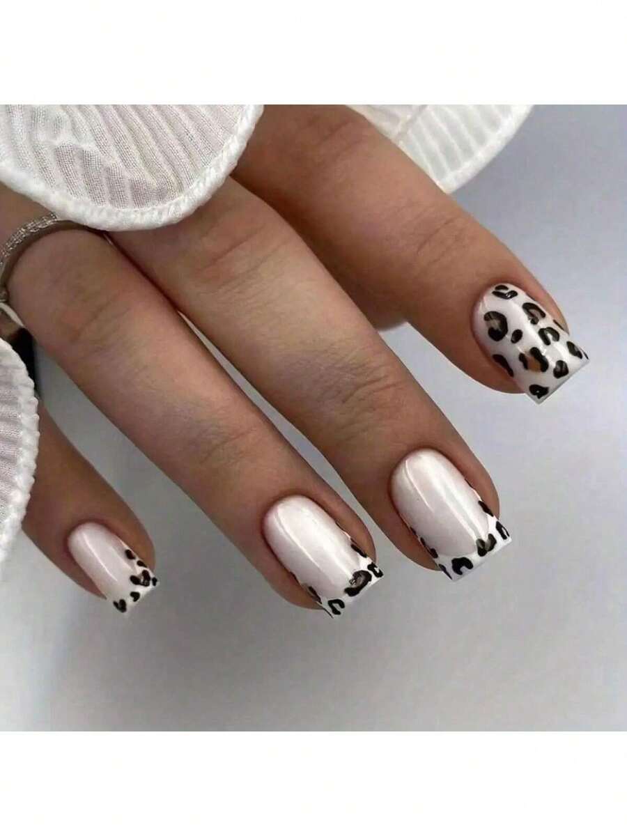 [24pcs Leopard Print Nails] 24 Pcs Glossy Leopard Print Press On Nails, Short Square Glue On Nails, Fake Nails For Women And Girls 2KTF - W468 - 查看 1