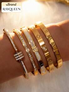 RAYQUEEN Fashionable Stainless Steel Versatile Four-Leaf Clover Rhinestone Stackable Bracelet Set, Suitable For Daily Wear And Gift Giving - Yellow Gold - View 11