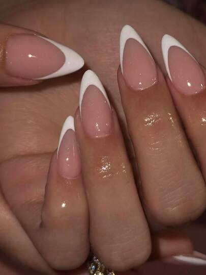 24pcs/Set Almond Shaped French Minimalist White Fashion Full Cover False Nails, Suitable For Women And Girls Daily Life And Parties, Comes With 1pc Jelly Gel And 1pc Nail File