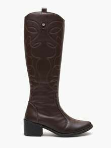 Women's Off-White Knee-High Boots, Rodeo Style, Boots With Embroidery, Casual Style - Café integral - Ver 14