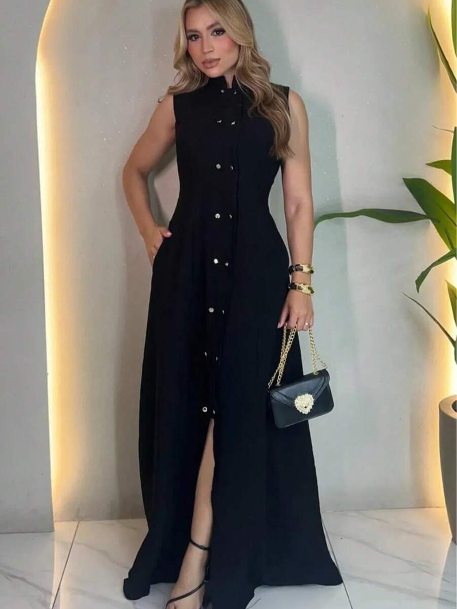 Women's Long Dress With A Simple High Neck And Front Buttons. Autumn/Winter. - Negro - Ver 1