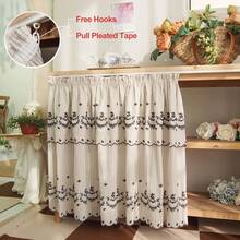 Perdea din material textil cu dungi verticale în stil american, cu flori brodate negre, 1 buc., proiectată cu bandă plisată, ideală pentru un aspect rustic scurt în bucătării, huse de dulapuri sau zone de chiuvetă. - Negru - Vizualizare 2