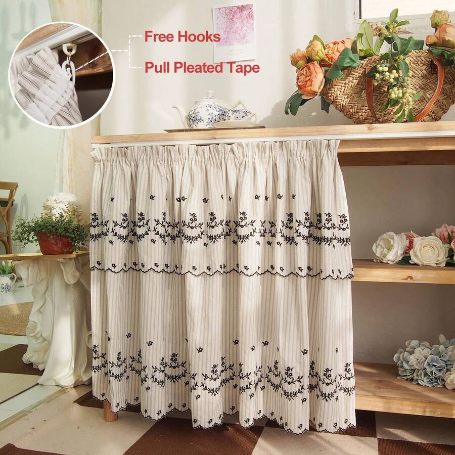 Perdea din material textil cu dungi verticale în stil american, cu flori brodate negre, 1 buc., proiectată cu bandă plisată, ideală pentru un aspect rustic scurt în bucătării, huse de dulapuri sau zone de chiuvetă.