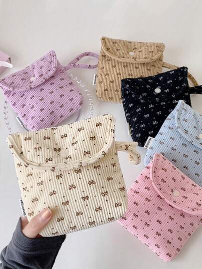1pc Corduroy Fabric Sanitary Napkin Storage Bag Cute Bow Print Period Bag High-Capacity Lipstick Bag Flap-Up Makeup Handbag Tampon Storage Bag For Women Travel Storage Bag Fashion Cosmetic Bag, Vacation Organizer Portable Makeup Case, For Lipstick, Brush, Skincare, Mobile Phone, Coin, Small Items, For Home, Gift, Vacation And Festival Halloween Christmas Multi-Functional Use Small Makeup Bag Discreet Period Bag Pad Pouch For Girls Sanitary Napkin Storage & Tampon Holder For Travel