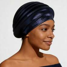 Shimmer African Head Wraps Solid Color Multi-Layer Church Turban For Women Stretch Hat - Navy Blue - View 3