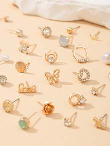 30 Pairs Assorted Cute & Fashionable Flower, Bow, Star, Geometric Pattern Stud Earrings Set, Versatile For Daily, Casual, Work Wear - Yellow Gold - View 3