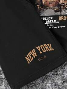 New York Brooklyn Pattern Round Neck T-Shirt + Shorts Set, New Summer Fashion Comfortable Boys Outfit - Black - View 11