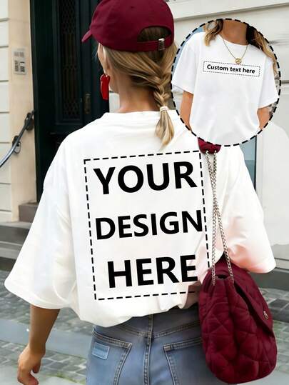 Áo thun nữ tùy chỉnh - Thêm văn bản và ảnh của bạn (Dạng ngang/Huy hiệu/Cặp đôi/Gia đình/Selfie/Thú cưng), in hai mặt/Tùy chỉnh phông chữ và màu sắc, Thích hợp cho du lịch mùa hè, quà tặng bạn gái, áo thun nữ.