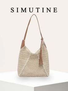 Túi xách SIMUTINE kiểu dáng mới dành cho nữ, túi đeo vai dung tích lớn, túi dệt kiểu dáng thường ngày mùa xuân, chất liệu rơm, phù hợp cho sử dụng hàng ngày, mua sắm, du lịch, công sở, sinh viên. - trắng - Xem 1
