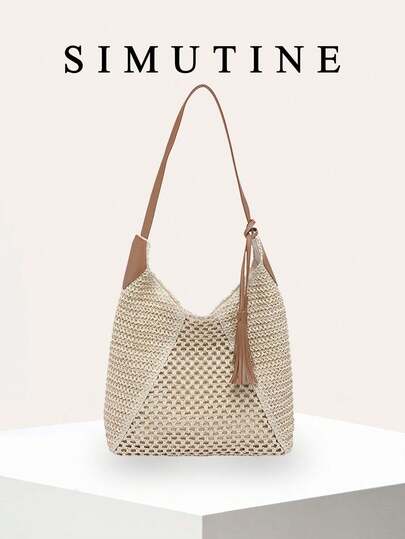 SIMUTINE New Beach Vacation Tote Bag For Women, Large Capacity Shoulder Handbag, Spring Casual Woven Bag, Straw Material, Suitable For Daily Use, Shopping, Travel, Work, College