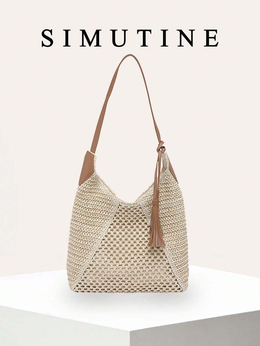 Túi xách SIMUTINE kiểu dáng mới dành cho nữ, túi đeo vai dung tích lớn, túi dệt kiểu dáng thường ngày mùa xuân, chất liệu rơm, phù hợp cho sử dụng hàng ngày, mua sắm, du lịch, công sở, sinh viên. - trắng - Xem 1