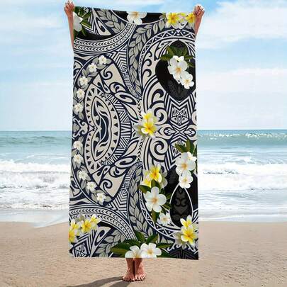 1 pieza Toalla de playa suave de poliéster con diseño intrincado de tapa y flor de lirio, duradera y de secado rápido, ideal para viajes de verano, trajes de baño y ducha, accesorio de playa