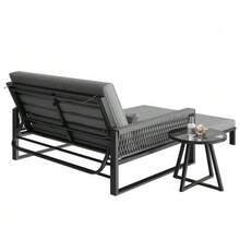 Garden Lounger With Woven Iron Armrests / Weatherproof Outdoor Sofa / Includes Glass Coffee Table & Cushions / Grey - Gray - View 5
