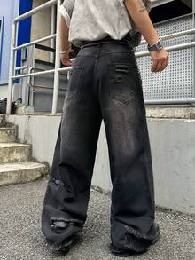 1pc Hearty Haven American Street Style Distressed Men's Loose Fit Wide Leg Washed Denim Jeans (No Belt & Accessories) - Black - View 3