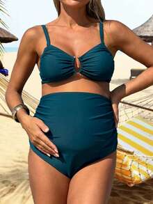孕妇纯色褶皱性感比基尼套装，适合海滩度假 - 水鴨藍 - 查看 1