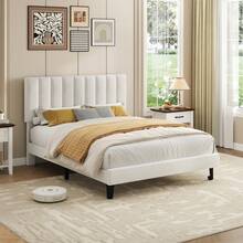 Full Size Bed Frame With Adjustable Height Headboard, Upholstered Platform Bed Frame With Vertical Channel Tufted Design, Sturdy Wooden Slats For Noise-Free Support, No Box Spring Needed - White - View 2