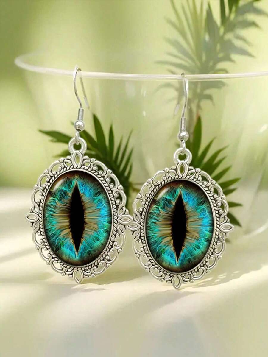 Bohemian Turquoise Dragon Eye Oval Dangle Earrings - Mysterious Reptile Eye Statement Jewelry For Party - Silver - View 1