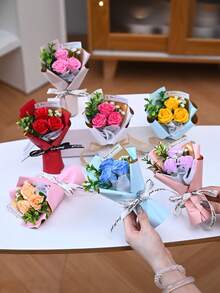 一套仿真玫瑰花束，纸质包装，浪漫礼物，适合母亲节、周年纪念日、送给女友和朋友，也适合情人节、圣诞节、婚礼纪念品和婚礼回礼，波西米亚风家居装饰，餐桌摆件，卧室、浴室和办公桌摆件，节日和派对装饰，送给她的礼物 - 彩色 - 查看 2