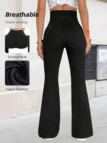 Black High Elastic Crossover Waist Flared Pants For Women, Tummy Control 4-Way Stretch Bootcut Yoga Pants For Daily & Fitness Outfits,Women's Leggings,Gym Clothes Women,Gym Clothes Women,Summer Outfits For Women,Summer Clothes,Beachwear,Vacation Outfits Women,Vacation Essentials - màu đen - Xem 6