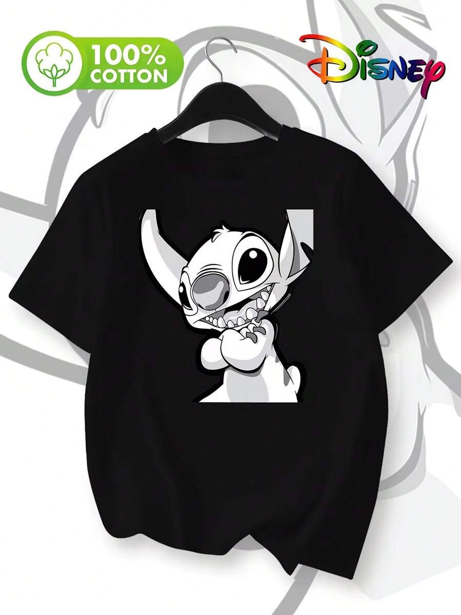100% Cotton Black Short Sleeve T-Shirt With Simple White Outline Disney Stitch Cartoon Graphic, Laughing Expression, Officially Licensed Disney Lilo & Stitch Tee For Casual Everyday Wear, Disney Shirts, Summer Outfits For Women, Spring Outfits For Women, Officially Licensed Disney T-Shirts, Disney Men's And Women's Spring/Summer Fashion Casual Short-Sleeve T-Shirts - 黑色 - 查看 1