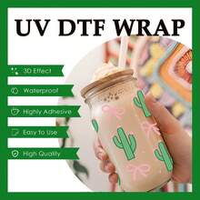 5pcs Cute Green Cactus Theme UV DTF Cup Stickers, Waterproof Scratch-Resistant 3D Crystal Stickers, Suitable For 16oz Glass Cups, Mugs, Crafts, Great For Decorating Personal Items! (4.3in X 9.4in) - 3 Types Of Cacti - View 4