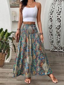 Vintage Beach Skirt, Bohemian Printed Elastic Waist Skirt Vacation Summer - Multicolor - View 4