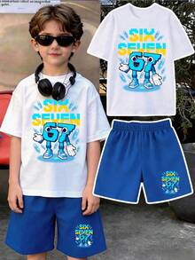 1 Set Boys' Teens' Short Sleeve T-Shirt And Shorts Set, With Number 67 Print, Perfect Summer Gift For School And Outdoor Wear, Spring/Summer - Multicolor - View 3