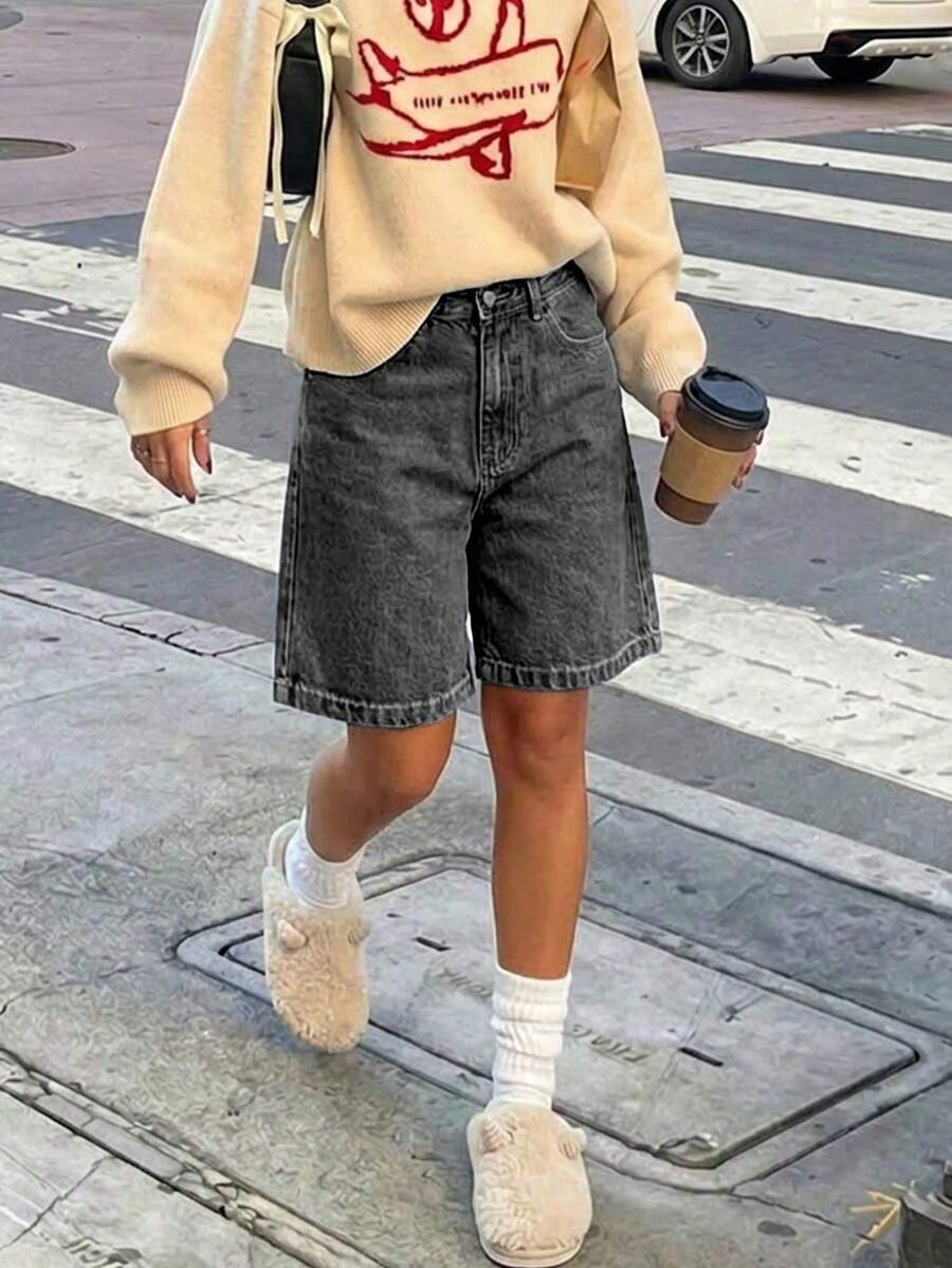 Quần short denim dáng rộng dài đến đầu gối Womi mùa hè, thích hợp cho kỳ nghỉ, bãi biển, lễ hội nhạc đồng quê. - Xám - Xem 1
