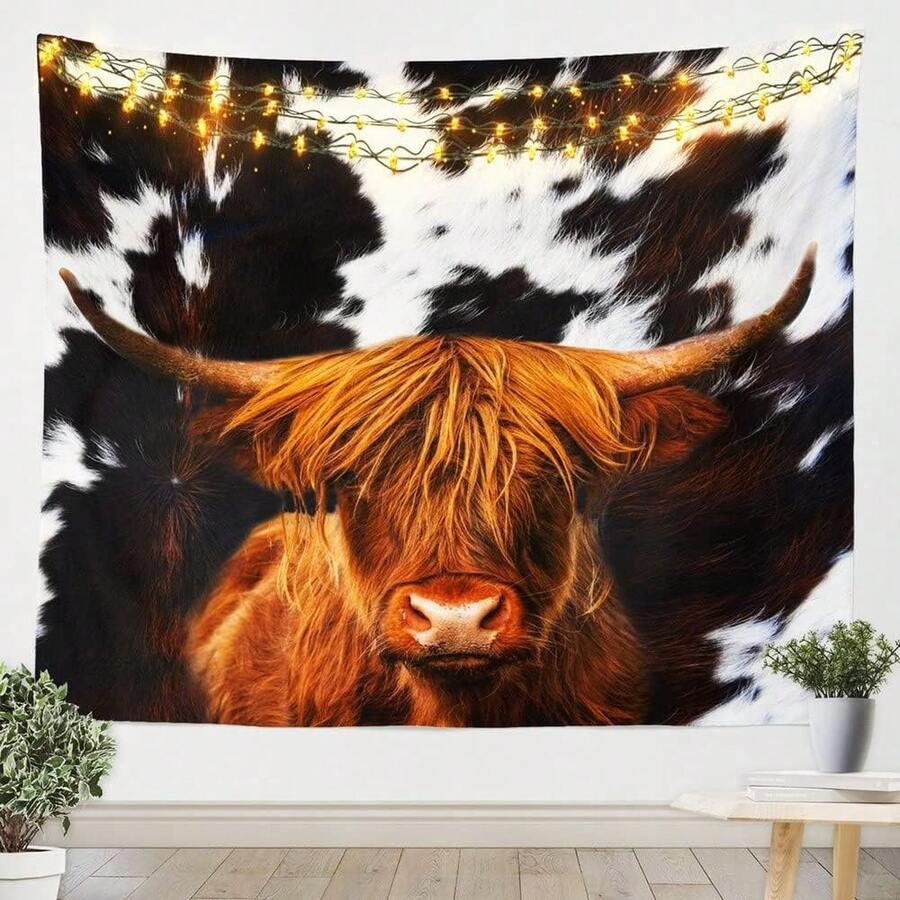 Tapestry Highland Cattle Tapestry - Rustic Farmhouse Wall Hanging With Golden Lights Accent, Black White Brown Cowhide Art For Living Room Or Bedroom Decor, 1pc Peach Velvet Tapestry, Cozy Winter Holidays Decoration, Rustic Room Decor Decorative Ta - 白色 - 查看 1
