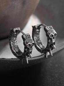 1 Pair Vintage Gothic Style Skull Rivet Hoop Earrings, Suitable For Men And Women, Hip-Hop Street Style Round Earrings With Asymmetrical Dimple Design, Rock Punk Style - Fashion - View 8